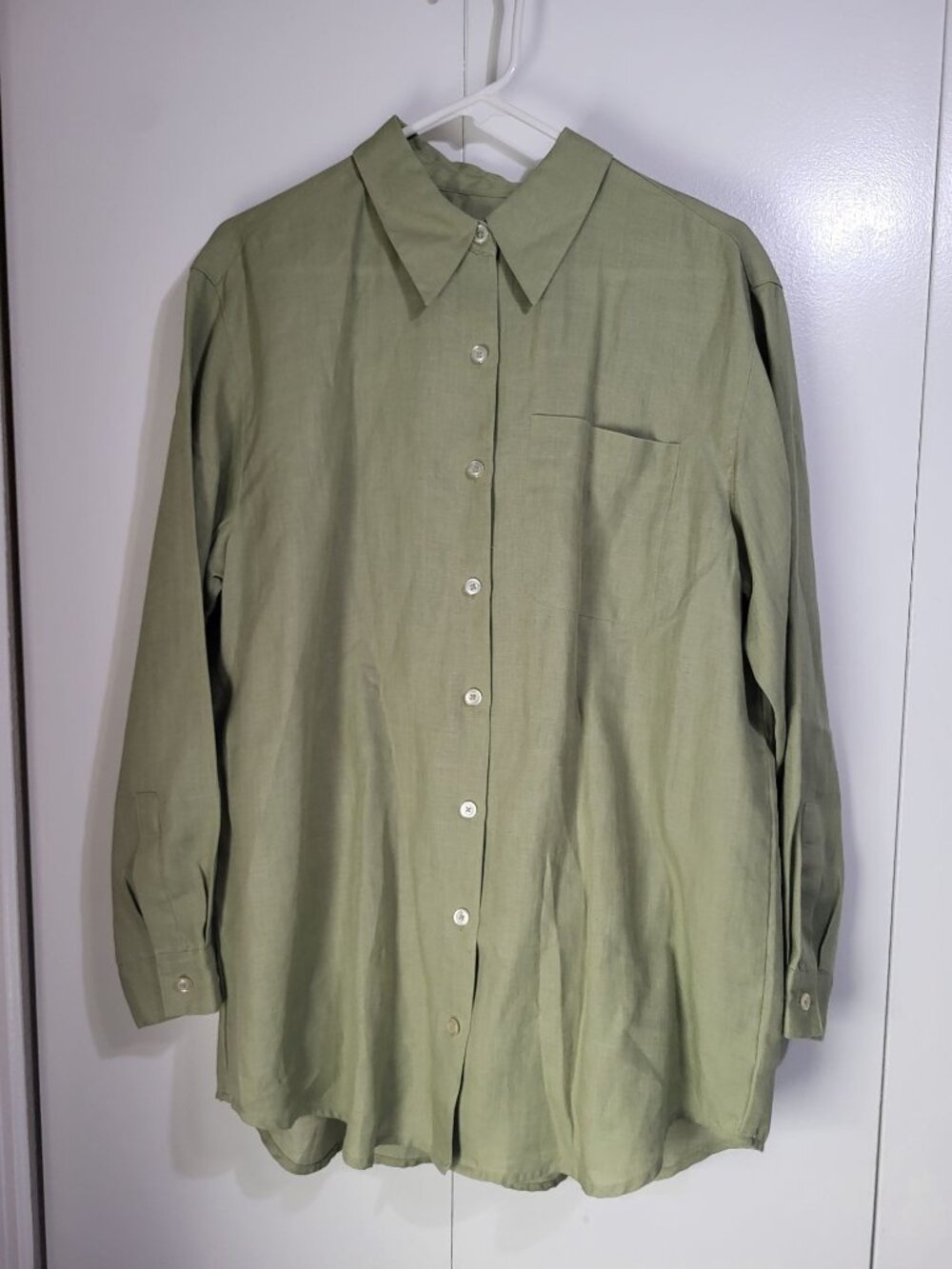 Liz Claiborne Lizsport Womens LG Linen Sage Green Button Up Shirt Lagenlook VTG - Picture 2 of 6